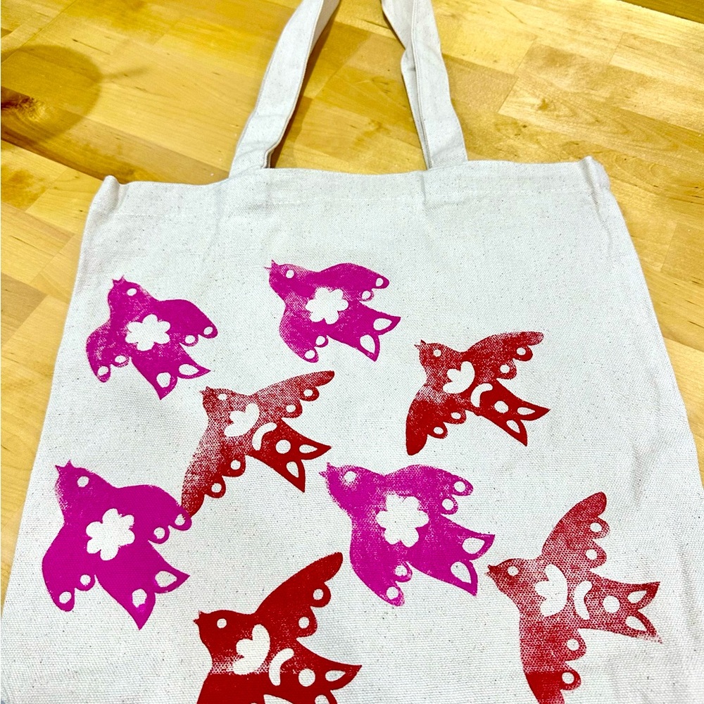 Block printed magenta/red boho bird canvas reusable bag